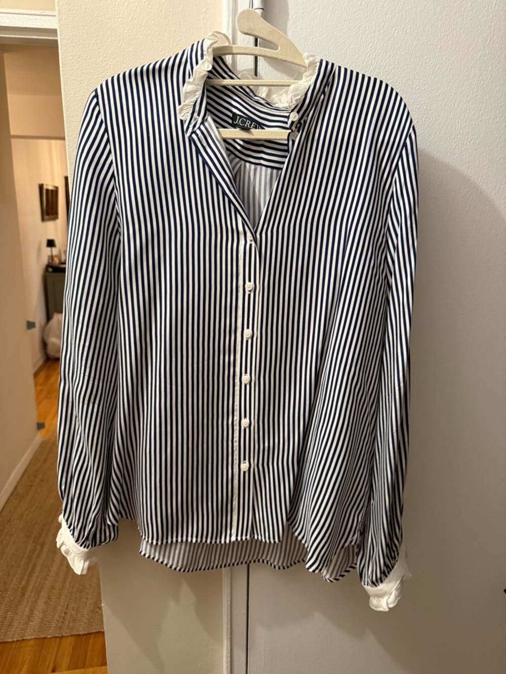 J. Crew Navy and White Striped Ruffle Collar Button-Down Shirt